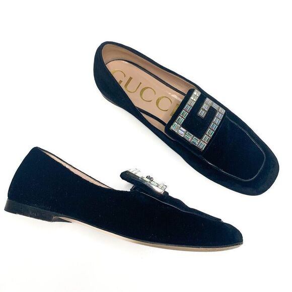 Gucci Softy Velvet Crystal G Flats EU 38 US 8 Black Moccasin GG Embellished - Picture 1 of 10